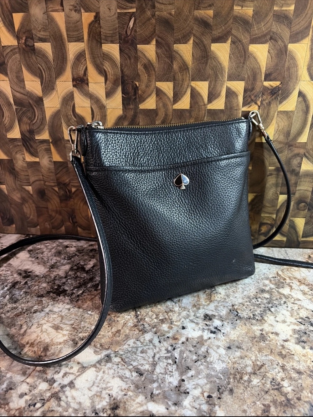 kate spade Black Pebbled Leather Slim Crossbody with Spade Logo